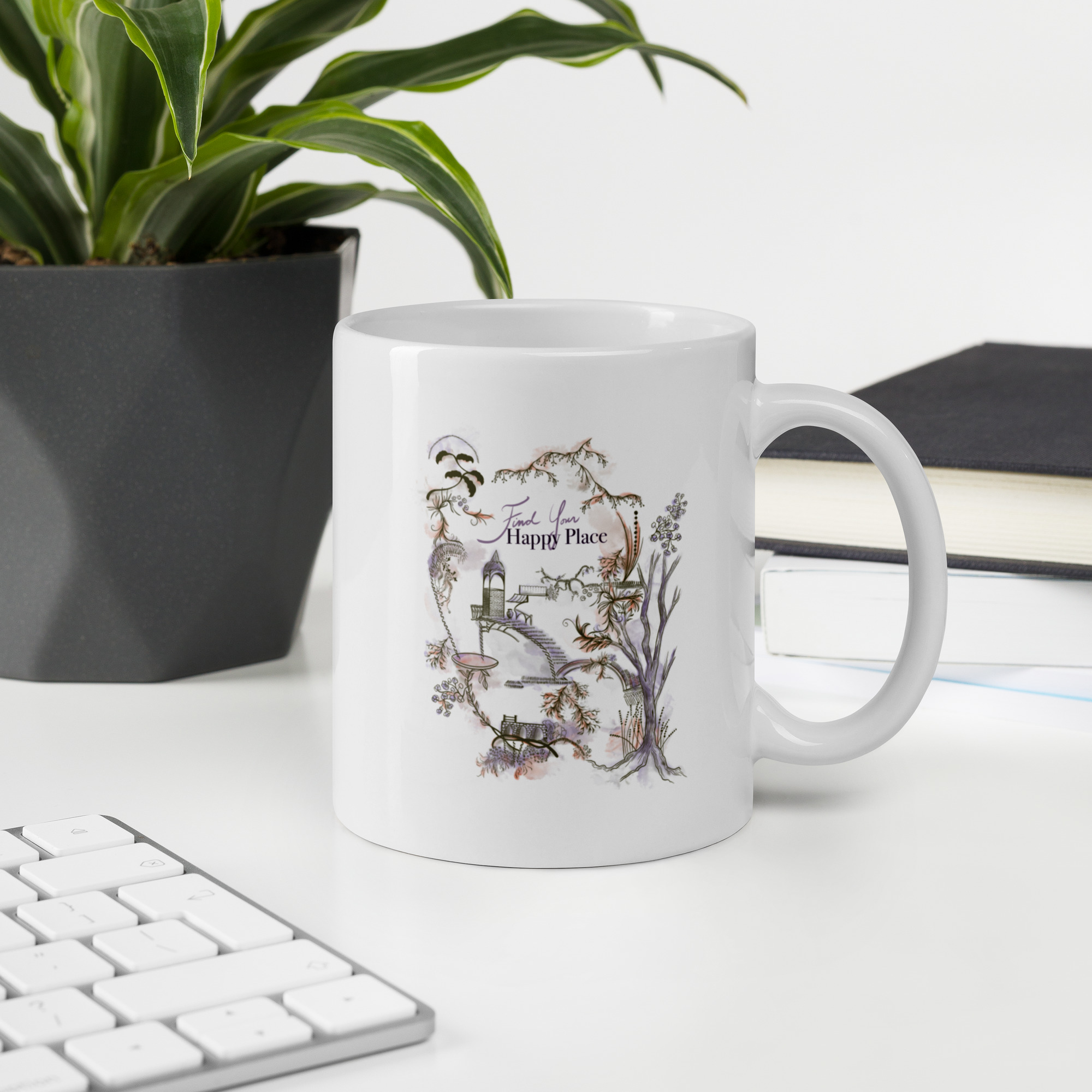 Image of glossy mug with imaginitive illustration including the words "find your happy place"